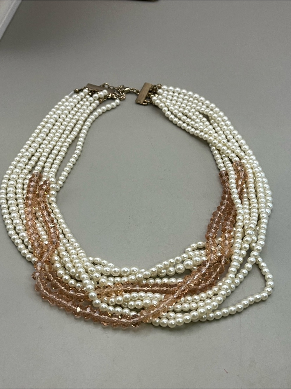 Vintage 8 Strand Pearl Choker Necklace | Faux Pearl & Champagne Pink Crystal - Picture 3 of 5